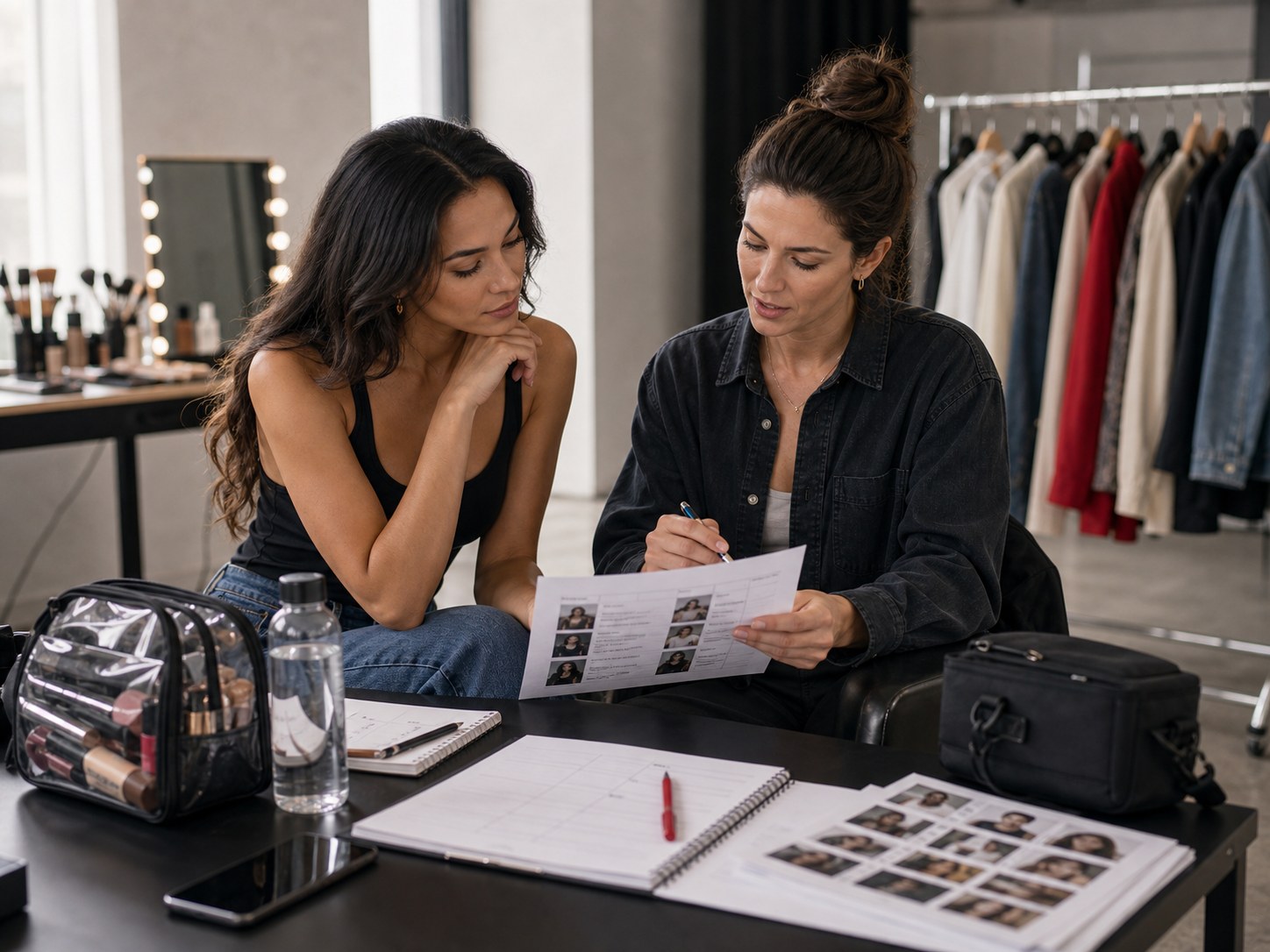 Talent reviewing booking details and prep materials before a creative job.