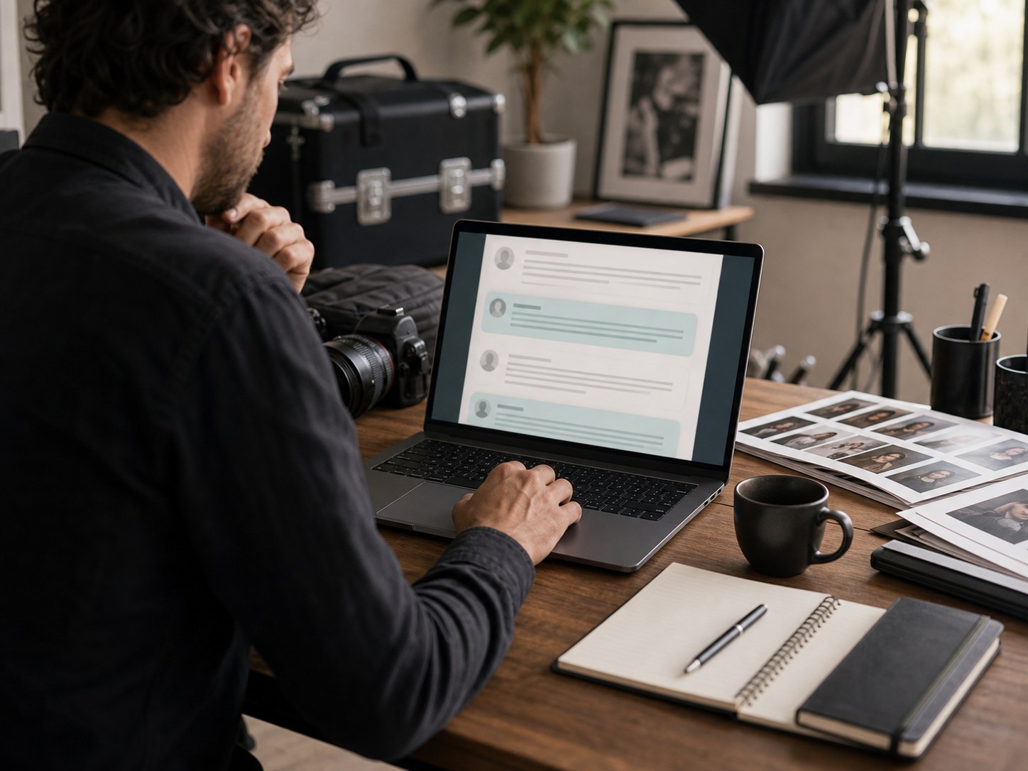 Creative provider writing a calm review reply from a studio workspace.
