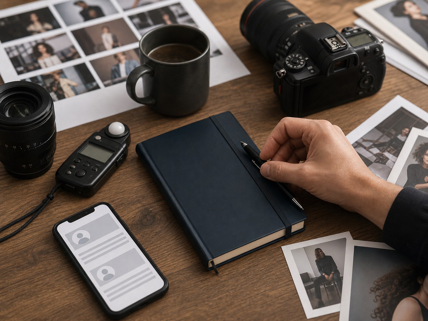 Camera gear, closed notebook, and profile screen after a creative booking.