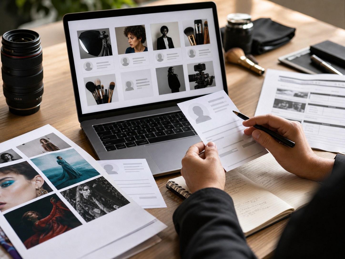 Creative industry profiles and booking materials being reviewed before a shoot.