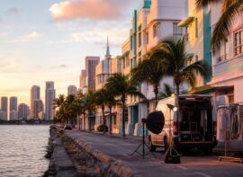 Miami waterfront creative production setup with art deco buildings, wardrobe, lighting, and skyline at sunset.